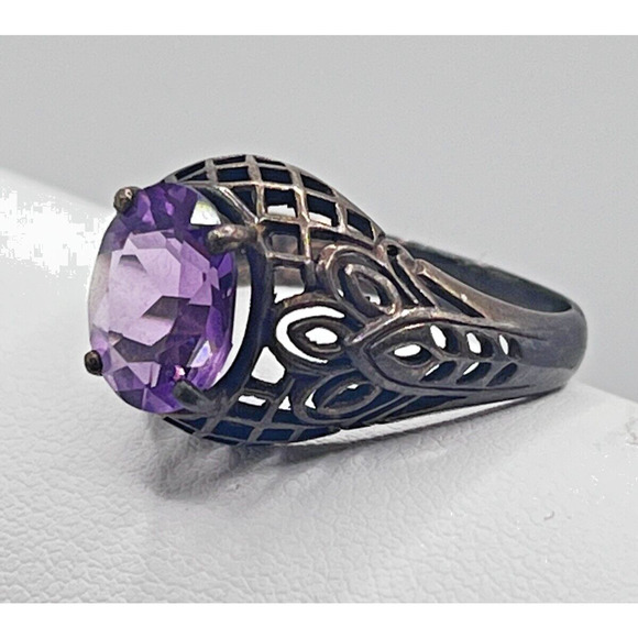 1CT Natural Amethyst 925 Solid Sterling Silver Victorian Style Ring Sz 8 - Picture 1 of 7